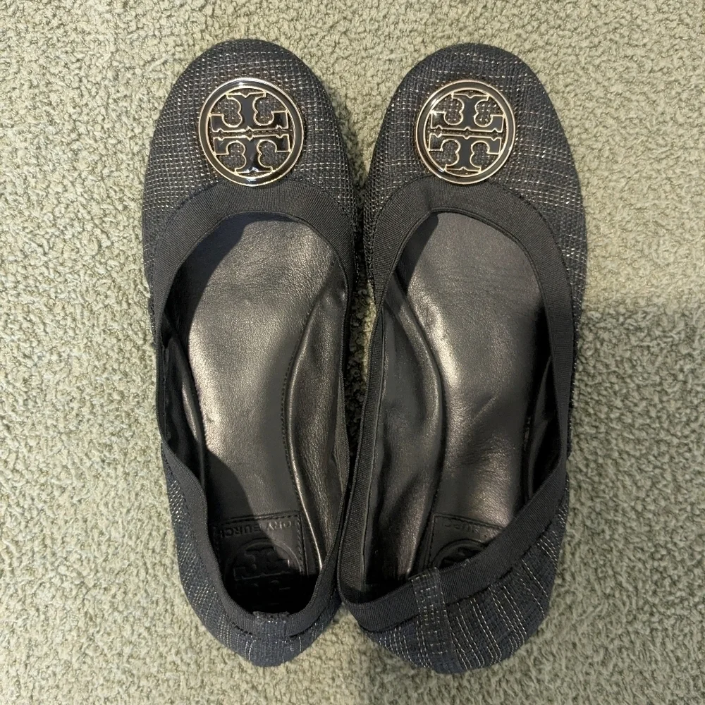 Tory Burch Black Gold Tweed Leather Emblem Slip-On Caroline Ballet Flats 7.5 M